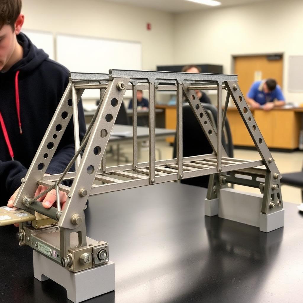 Student-scale steel truss bridge on a lab table