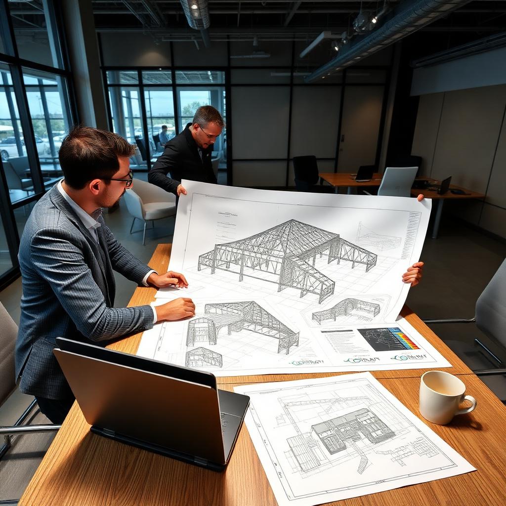 Consulting engineers reviewing structural drawings and BIM model in a modern office