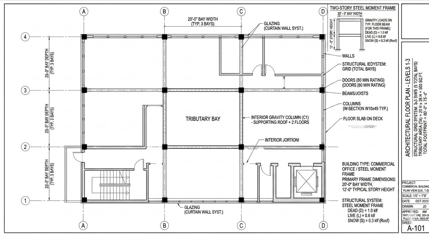 Architectural floor plan and two-story moment frame elevation