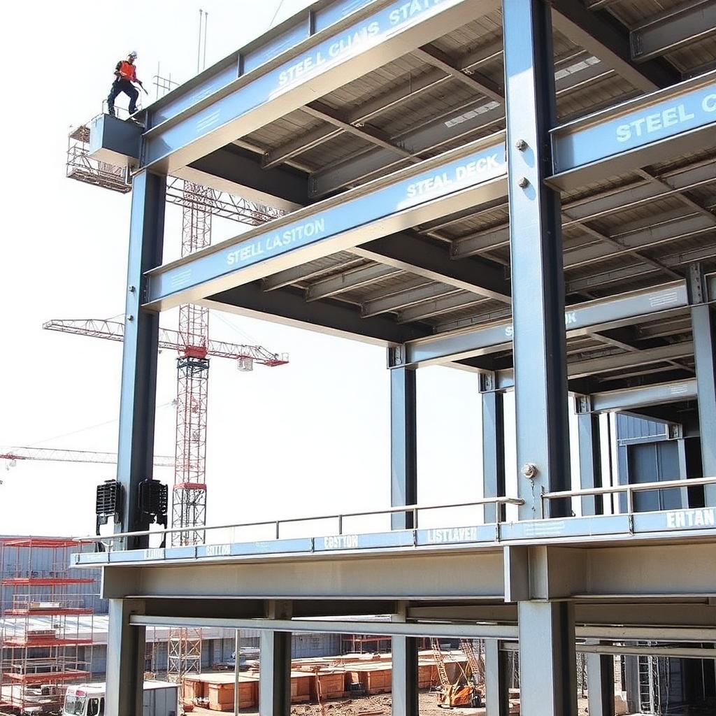 Steel floor framing under construction with beams, girders, and metal deck