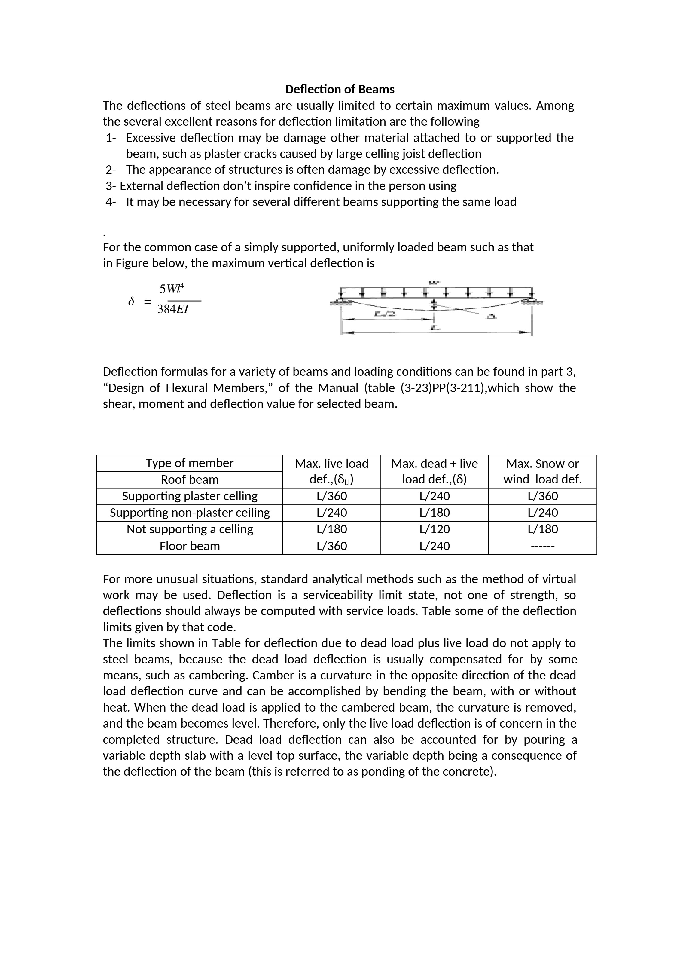 Allowable δ_LL, δ_(D+L), and δ_(snow/wind) limits by member type.