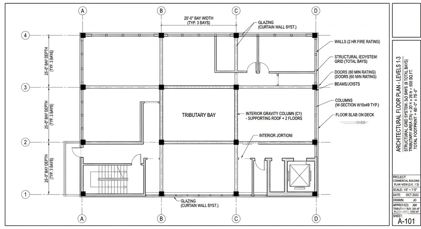 Architectural floor plan showing interior gravity column tributary bay