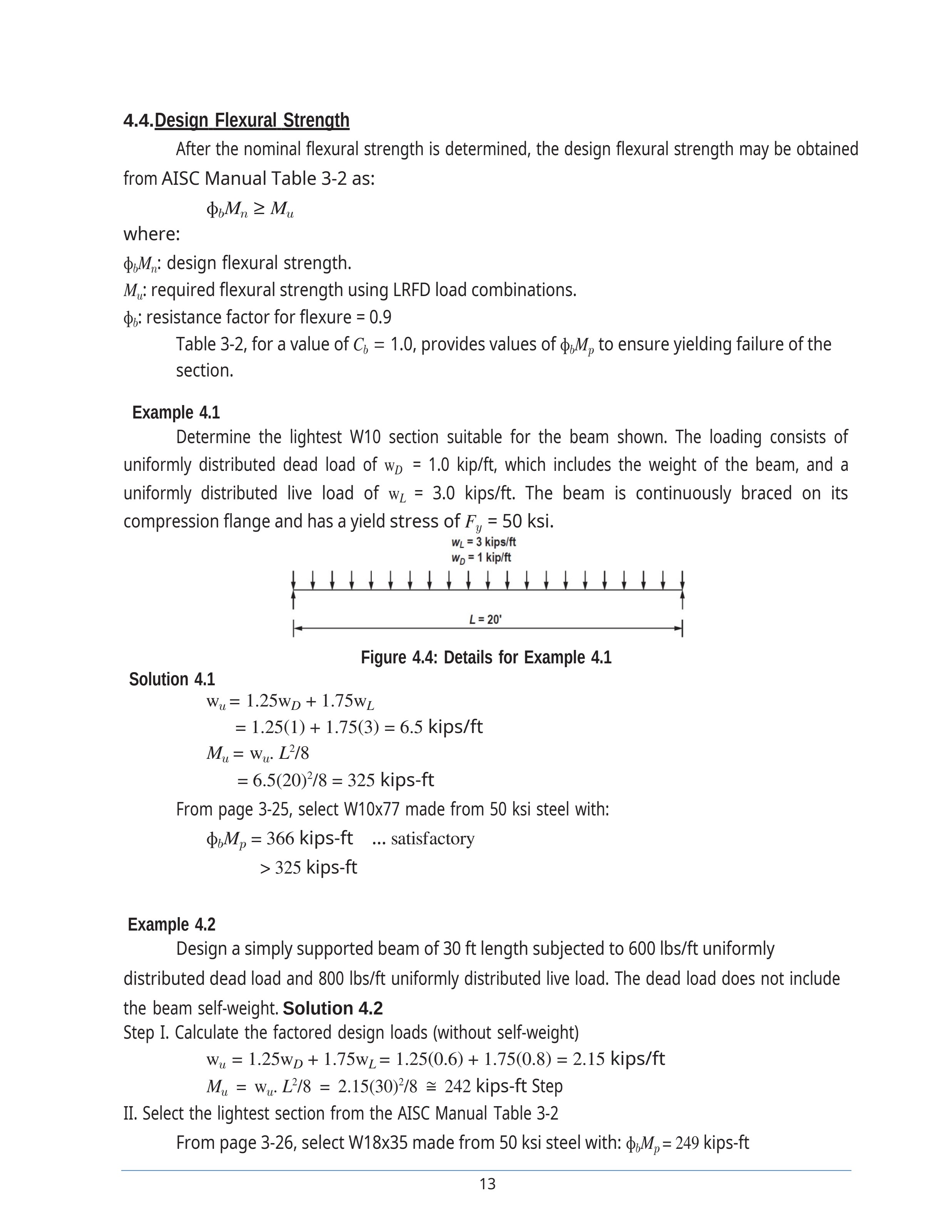 20-ft simply-supported beam, wD = 1.0 k/ft, wL = 3.0 k/ft.