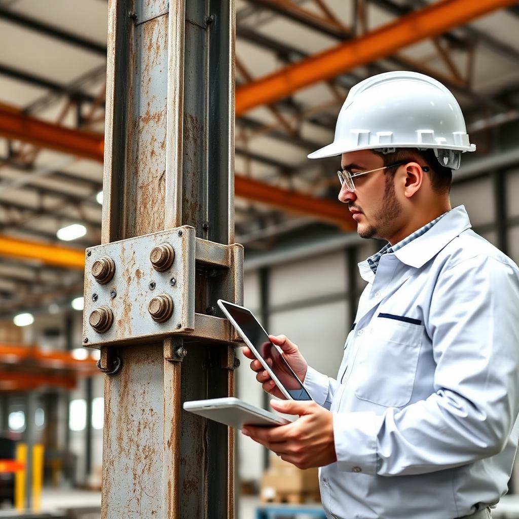 Corroded warehouse column with base plate being inspected by an engineer with a tablet