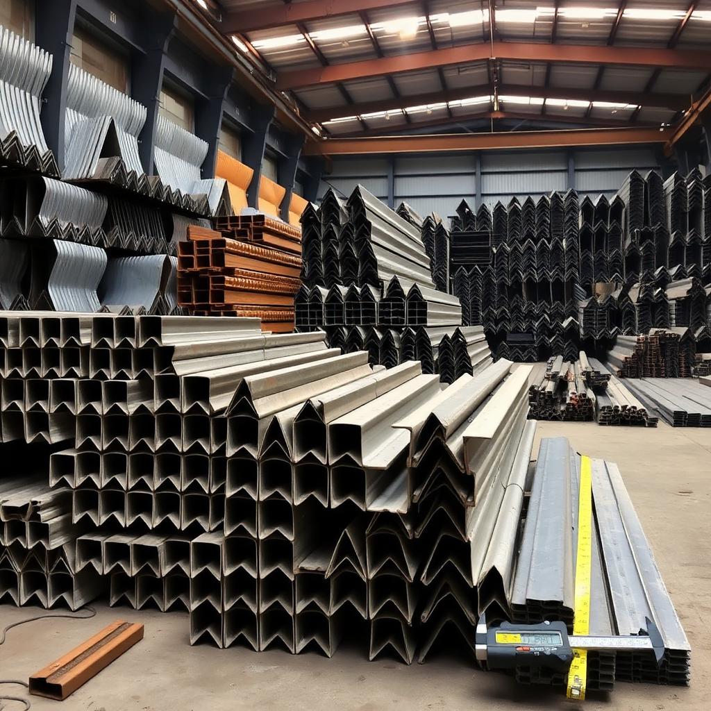 Bundles of W-shapes, HSS, channels and angles in a fabrication yard with a caliper on the floor