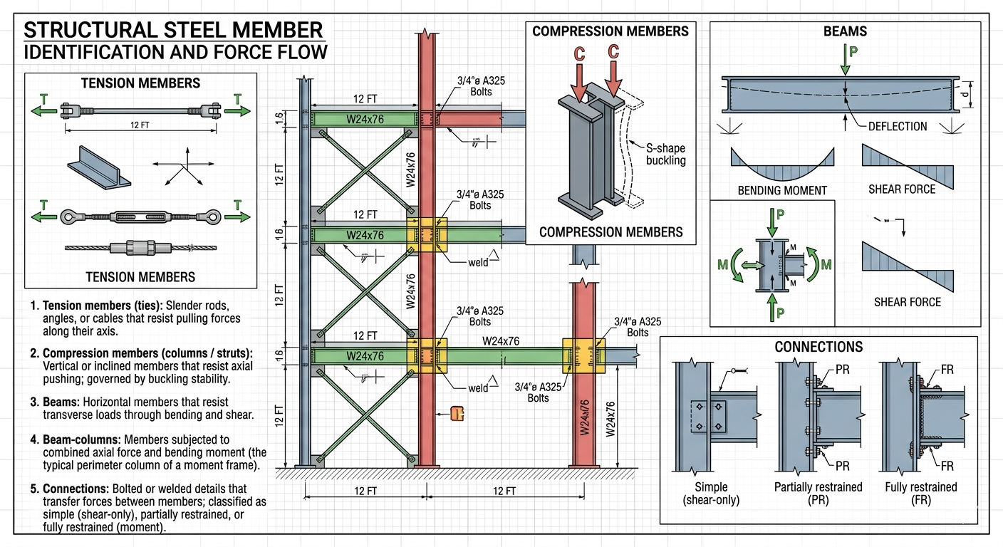 Structural steel member identification and force flow — tension members, compression members, beams, and connections