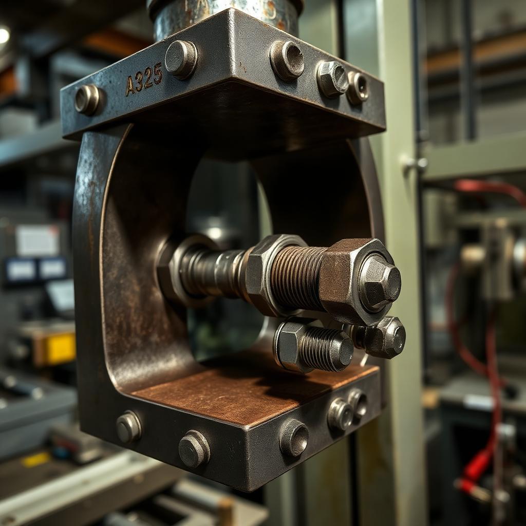 Bolted steel splice with A325 high-strength bolts inside a universal testing machine