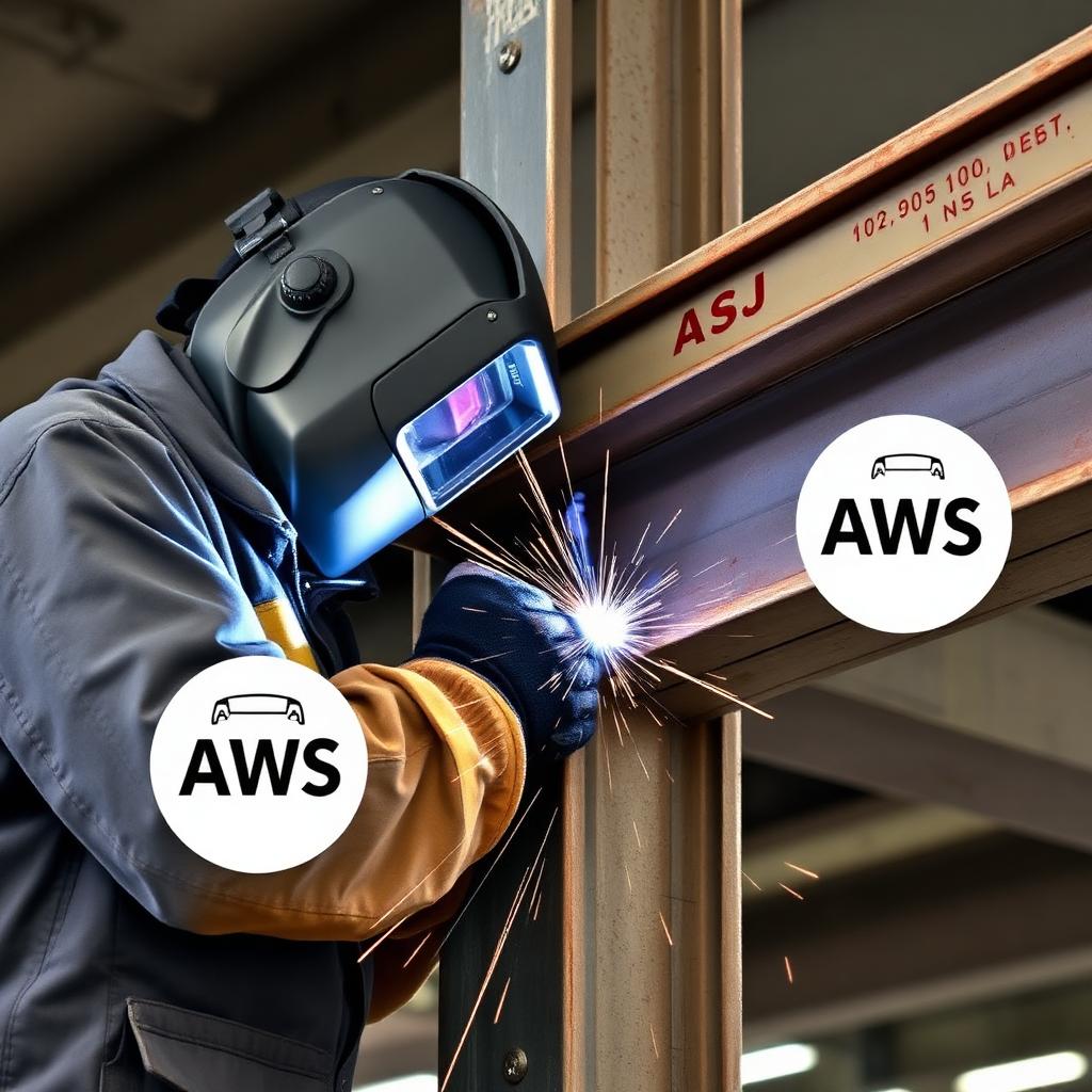 Welder in PPE producing a fillet weld on a beam-to-column connection