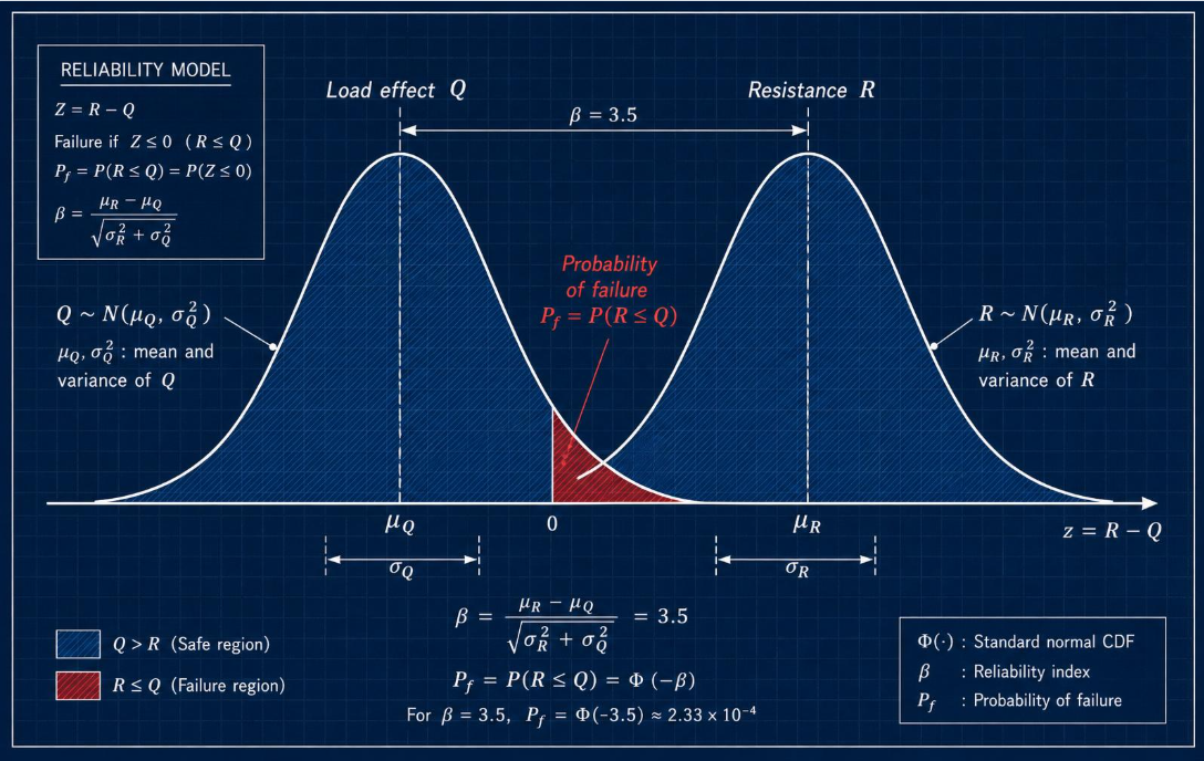 Reliability model — load effect Q and resistance R normal distributions, showing safe region, failure region, reliability index β, and probability of failure Pf