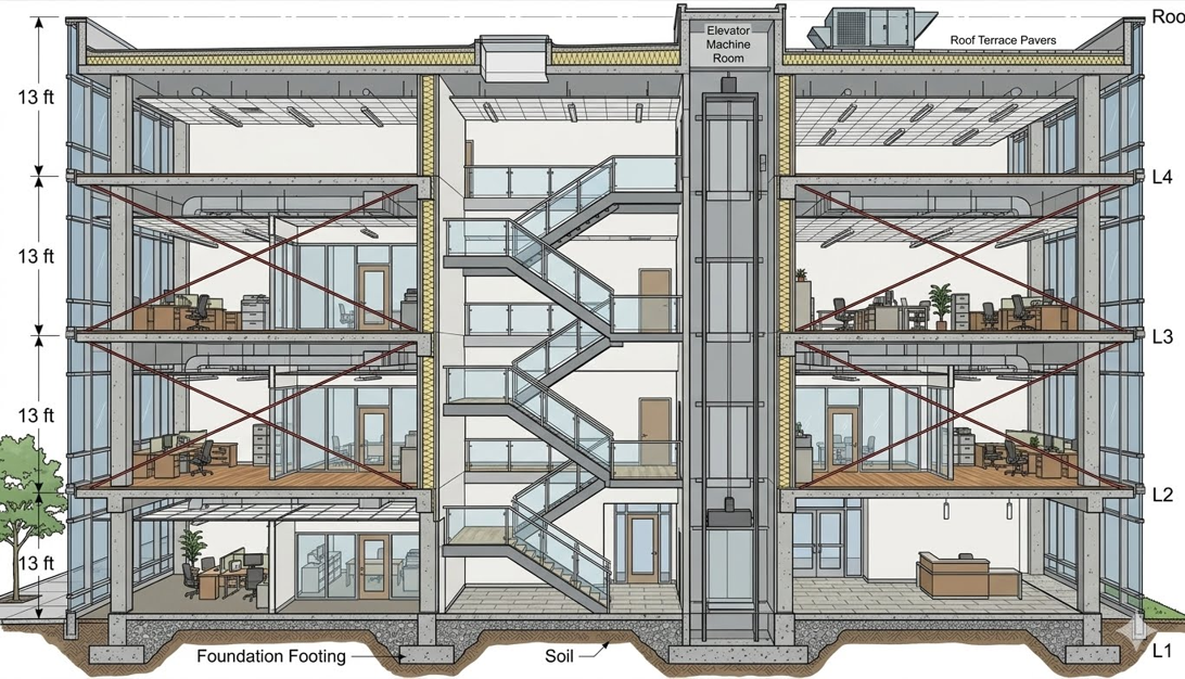 Cardinal Square building section showing four 13 ft stories, braced frames, stair and elevator core, roof terrace and foundation footings on soil