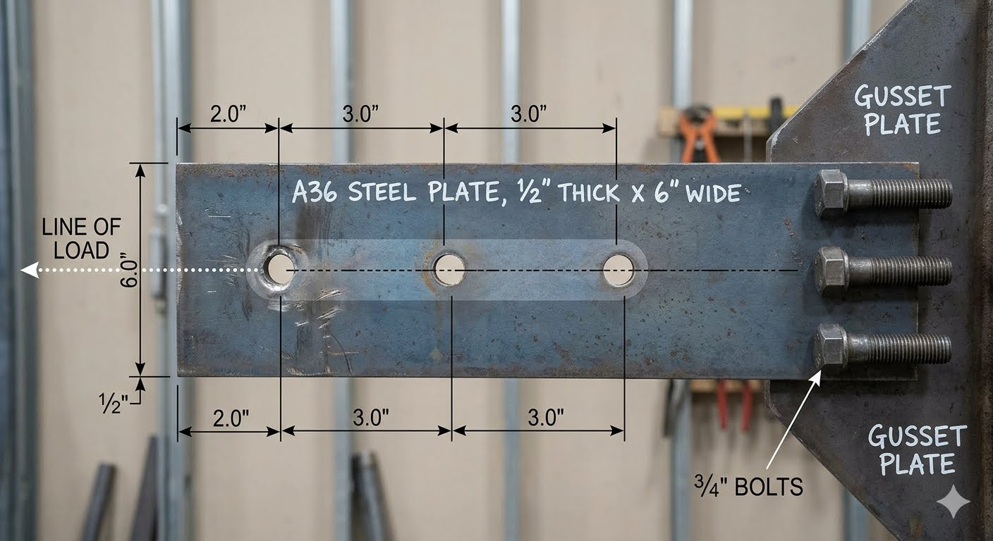 A36 steel plate 1/2 in. thick × 6 in. wide, single row of three 3/4 in. bolts at 2.0-3.0-3.0 in. spacing, bolted to gusset plate