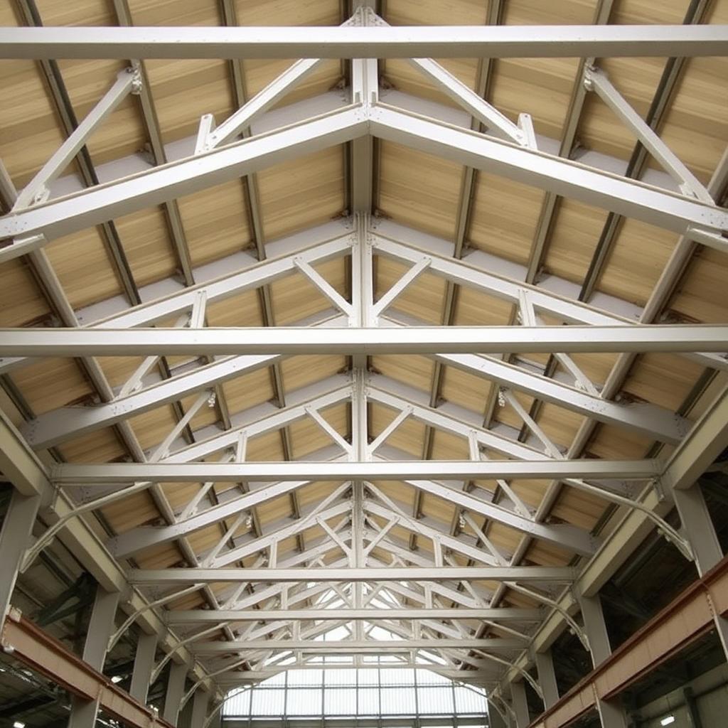 Long-span roof with double-angle tension bracing and gusset plate connections