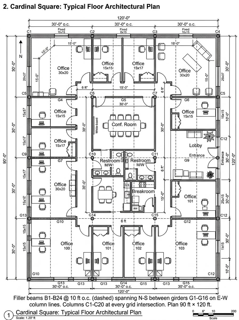 Cardinal Square typical floor architectural plan, 90 ft by 120 ft on a 30 ft grid with offices, conference room, restrooms and lobby, columns C1-C20 and girders G1-G16