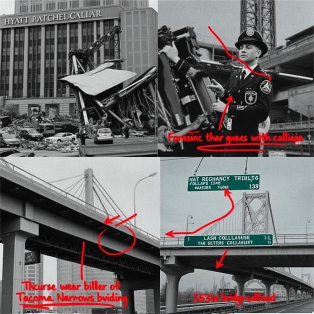 Collage of famous structural failures with red forensic annotations