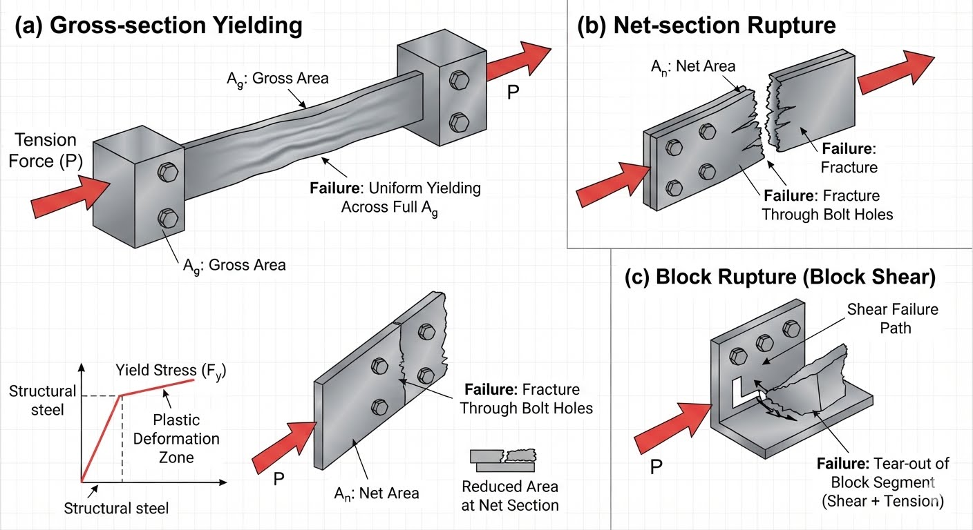 Three tension-member failure modes: (a) gross-section yielding, (b) net-section rupture, (c) block shear rupture