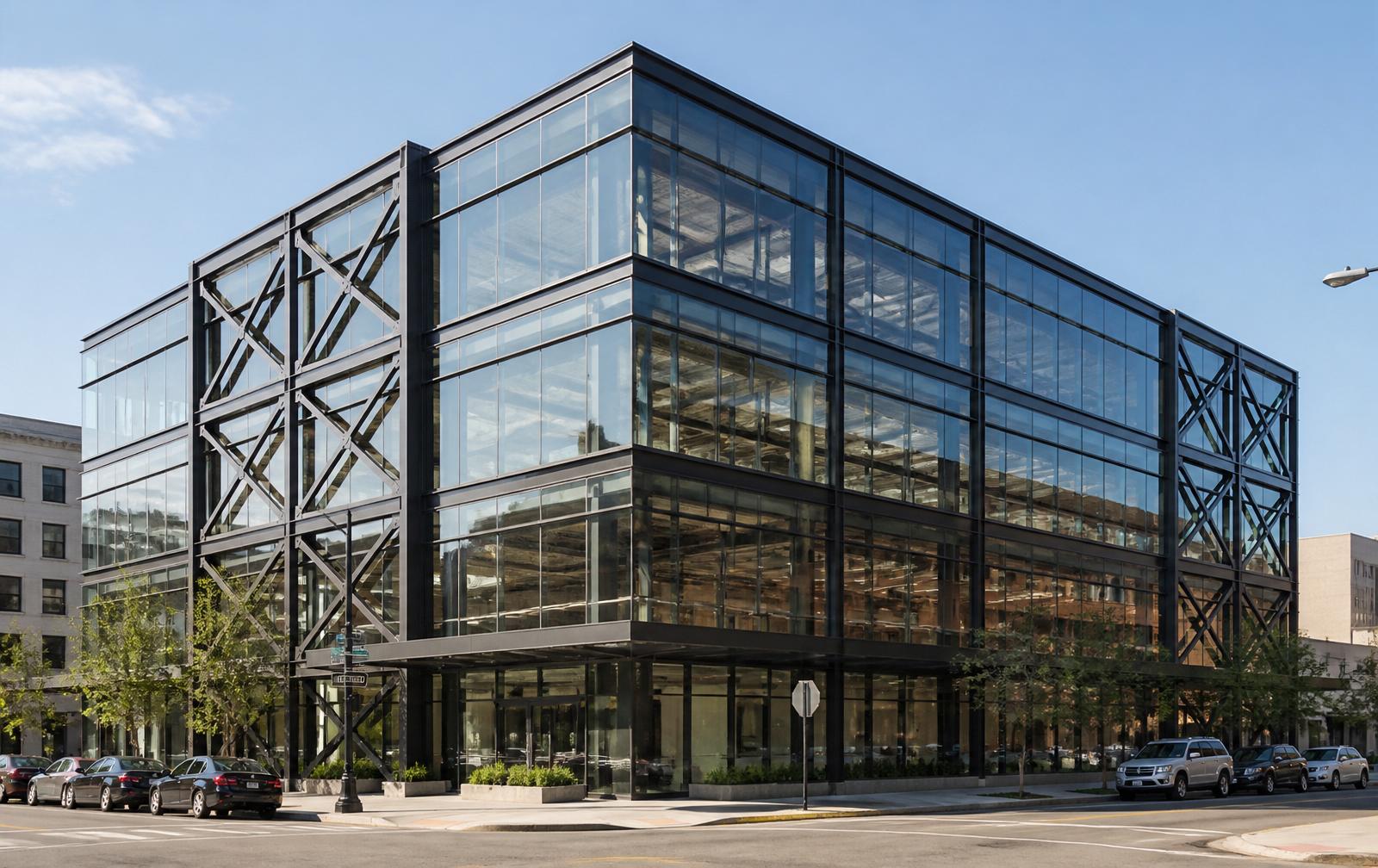 Rendering of the Cardinal Square 4-story steel-framed office building with perimeter braced frames