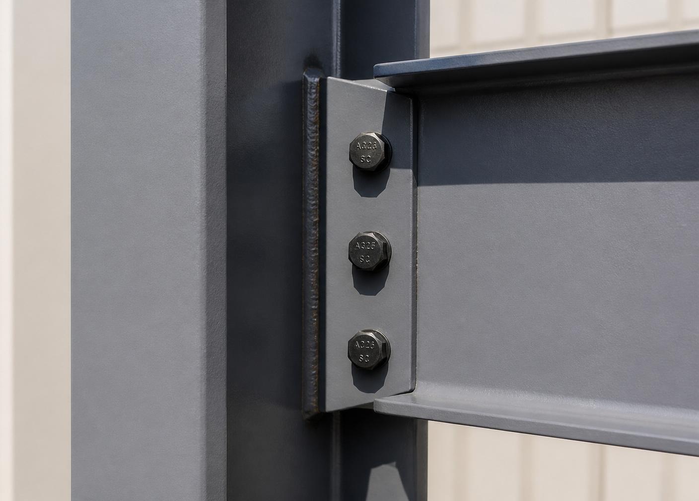 Close-up of shear-tab beam-to-column connection with A325 bolts