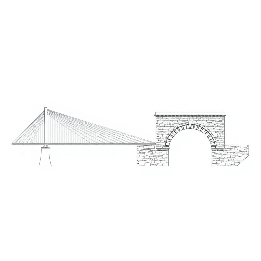 Cable-stayed bridge and stone arch bridge side by side