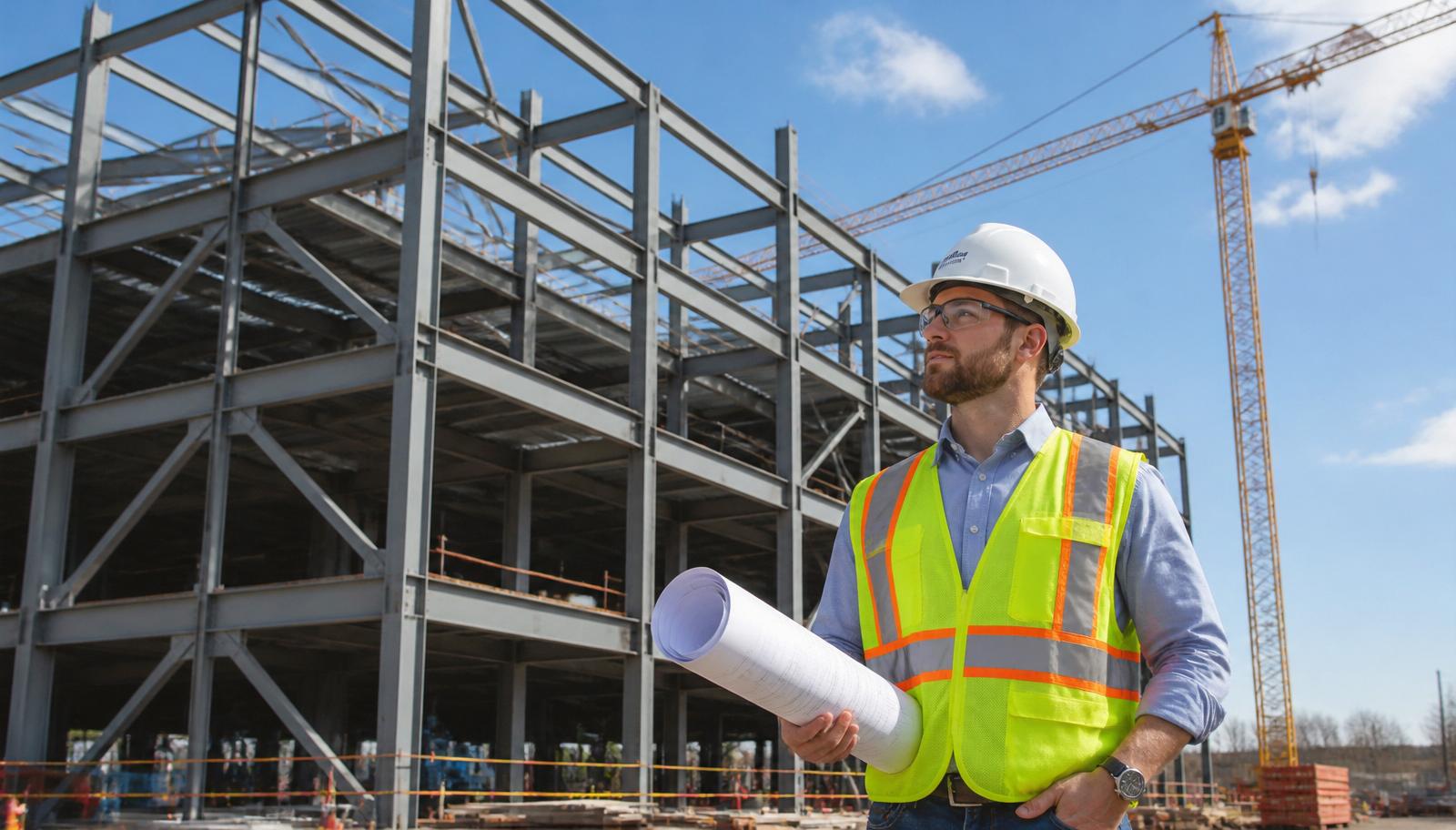 Structural engineer on a construction site in front of an erected multi-story steel frame