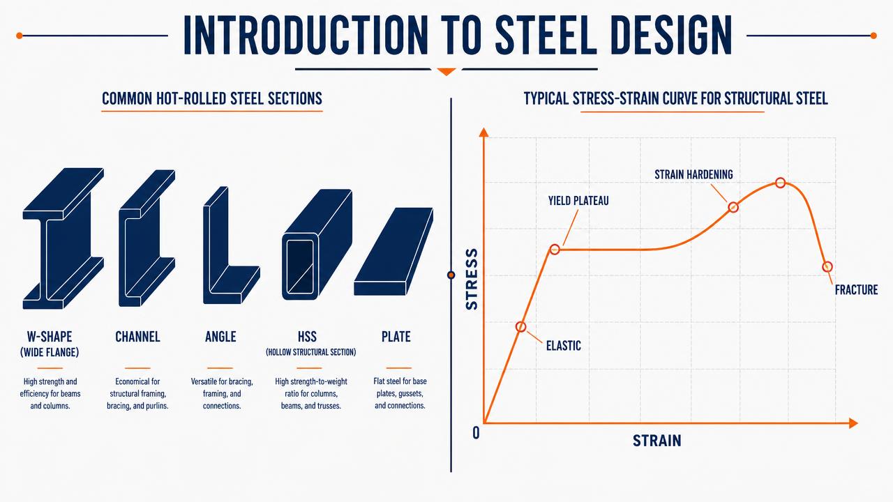 Common hot-rolled steel sections and the typical stress-strain curve for structural steel