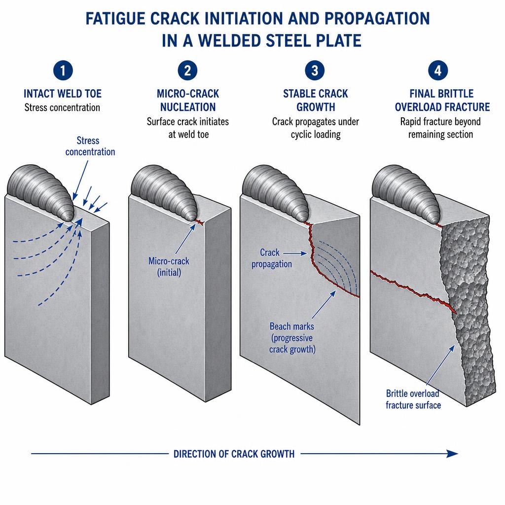 Four-stage diagram of fatigue crack initiation and propagation from weld toe stress concentration to brittle overload fracture
