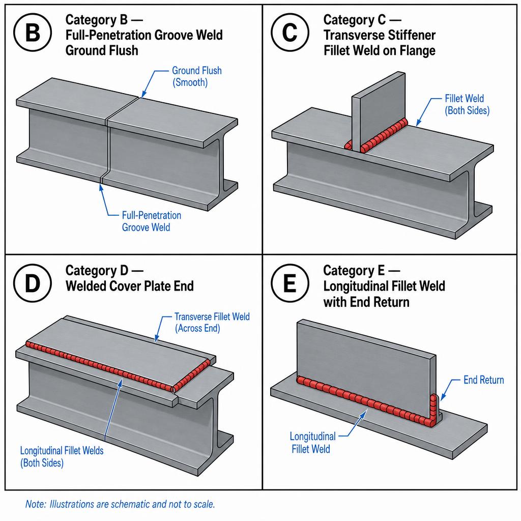 Four AISC fatigue detail categories: B (full-pen groove ground), C (transverse stiffener), D (cover plate end), E (longitudinal fillet weld)