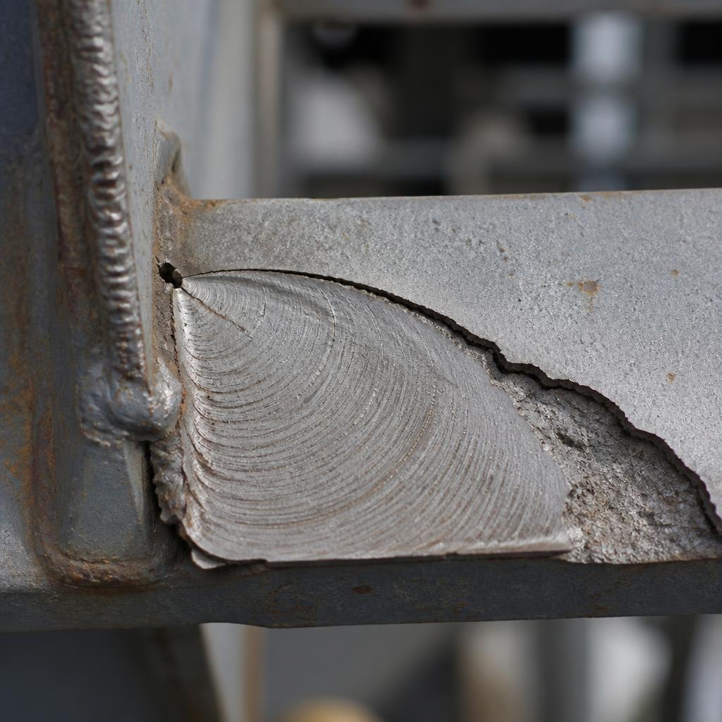 Fatigue-fractured welded steel connection showing beach marks radiating from a corner initiation site