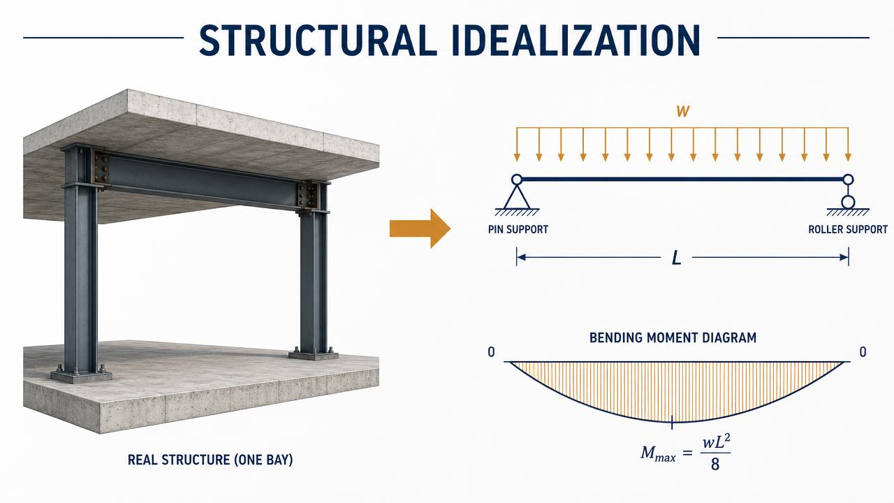 A real framed bay converted into an idealized simply supported beam line diagram with a uniform load and bending moment diagram