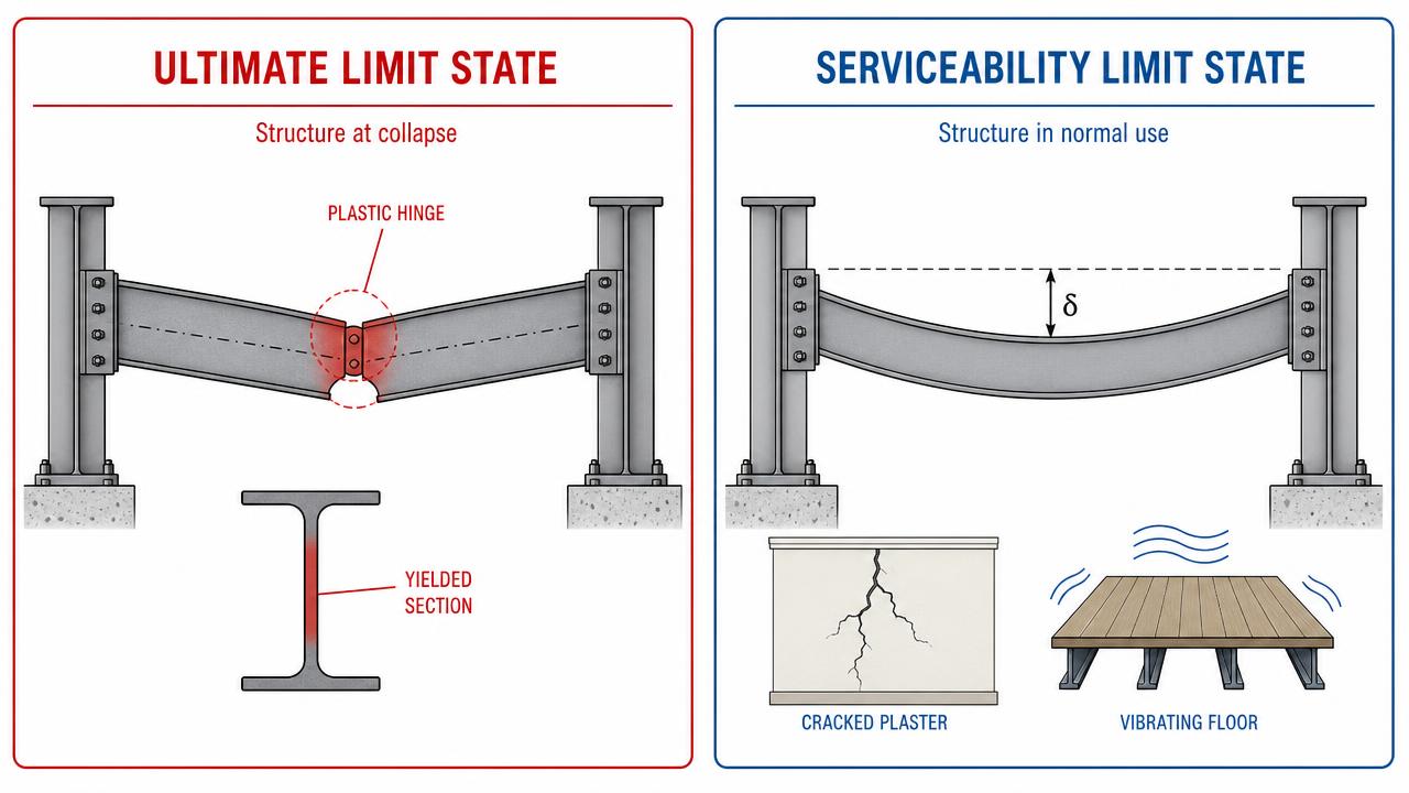 Comparison of ultimate limit state collapse and serviceability limit state deflection for a steel beam