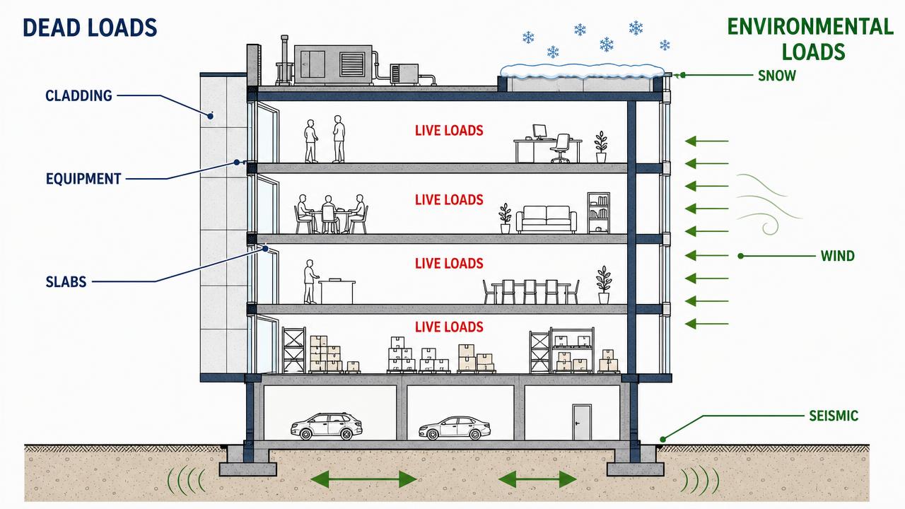 Building cross-section showing dead loads, live loads and environmental loads acting simultaneously