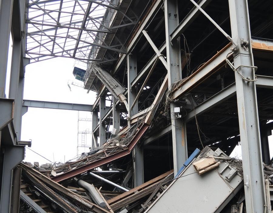 Progressive collapse: A single member or connection fails, adjacent members overload beyond their reserve, and the collapse propagates through the structure like falling dominos.