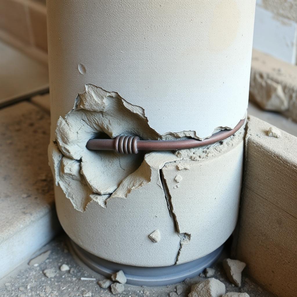 Concrete crushing / rebar buckling: Cover spalls; longitudinal bars buckle between ties.