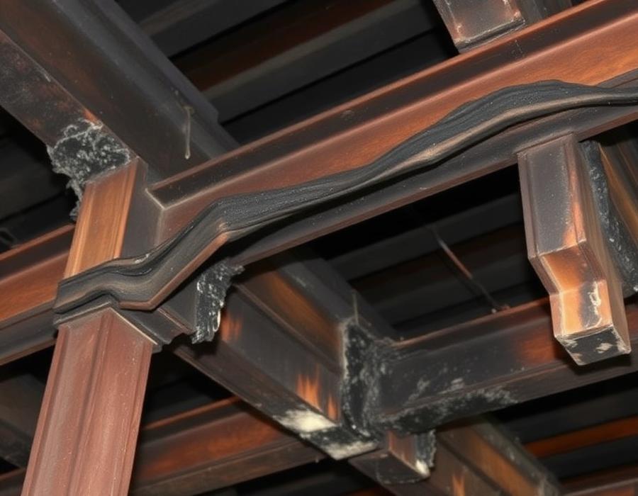 Fire damage: Above roughly 550 °C bare structural steel loses about half its yield strength and roughly a third of its stiffness — it can deform plastically under normal service loads.