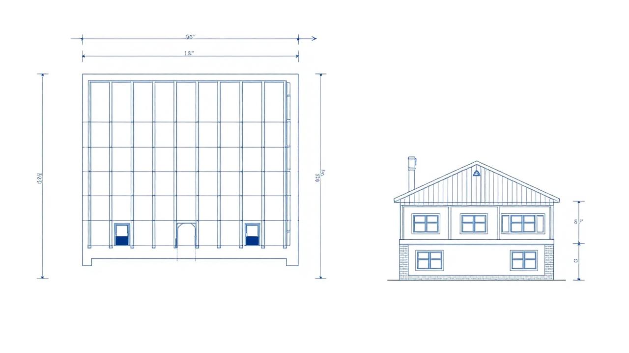 Framing plan with bay spacing dimensions and building elevation showing height