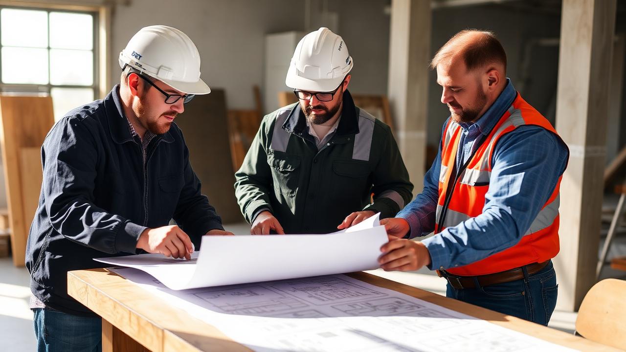 Structural engineer, contractor, and inspector reviewing drawings on site