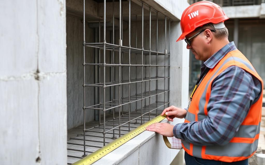 Inspector verifying reinforcing bar size, spacing, and cover before a concrete pour
