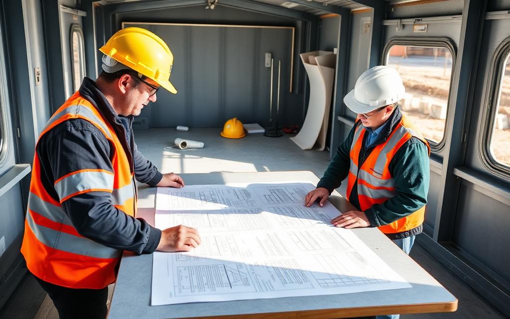 Engineers reviewing sealed structural drawings across a conference table