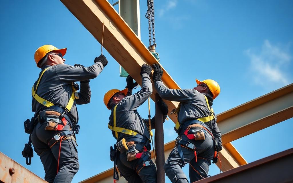 Ironworkers bolting a steel beam connection while tied off at height