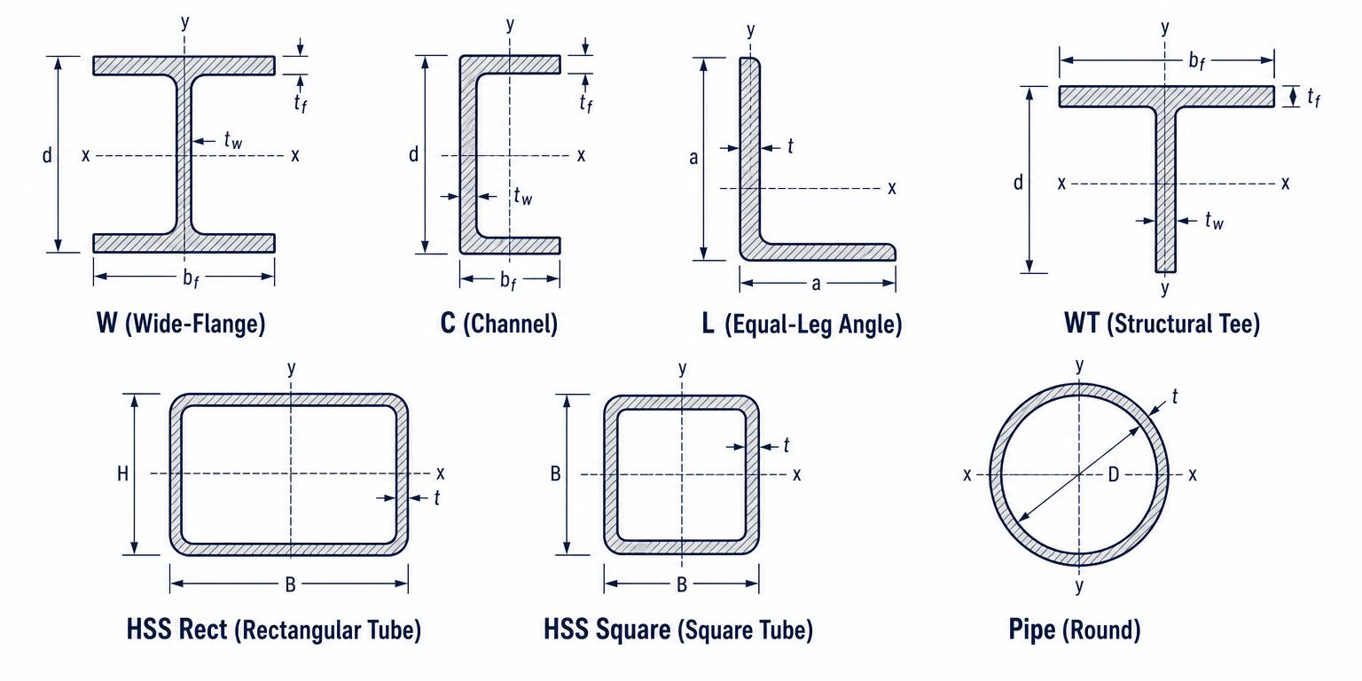 Structural steel cross-sections: W wide-flange, C channel, L angle, WT tee, rectangular and square HSS, and round pipe with dimension labels